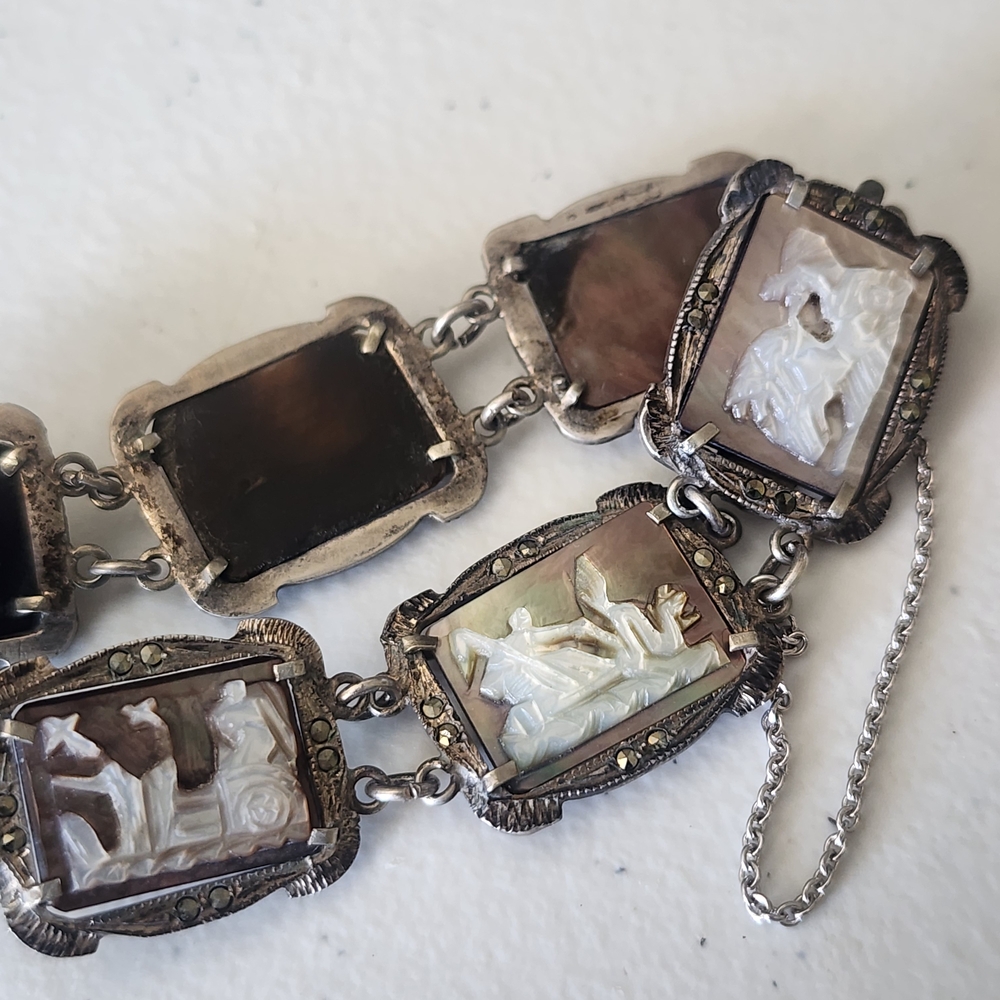 Antique Art Deco Mother Of Pearl Cameo Sterling Silver  Bracelet Marcasite